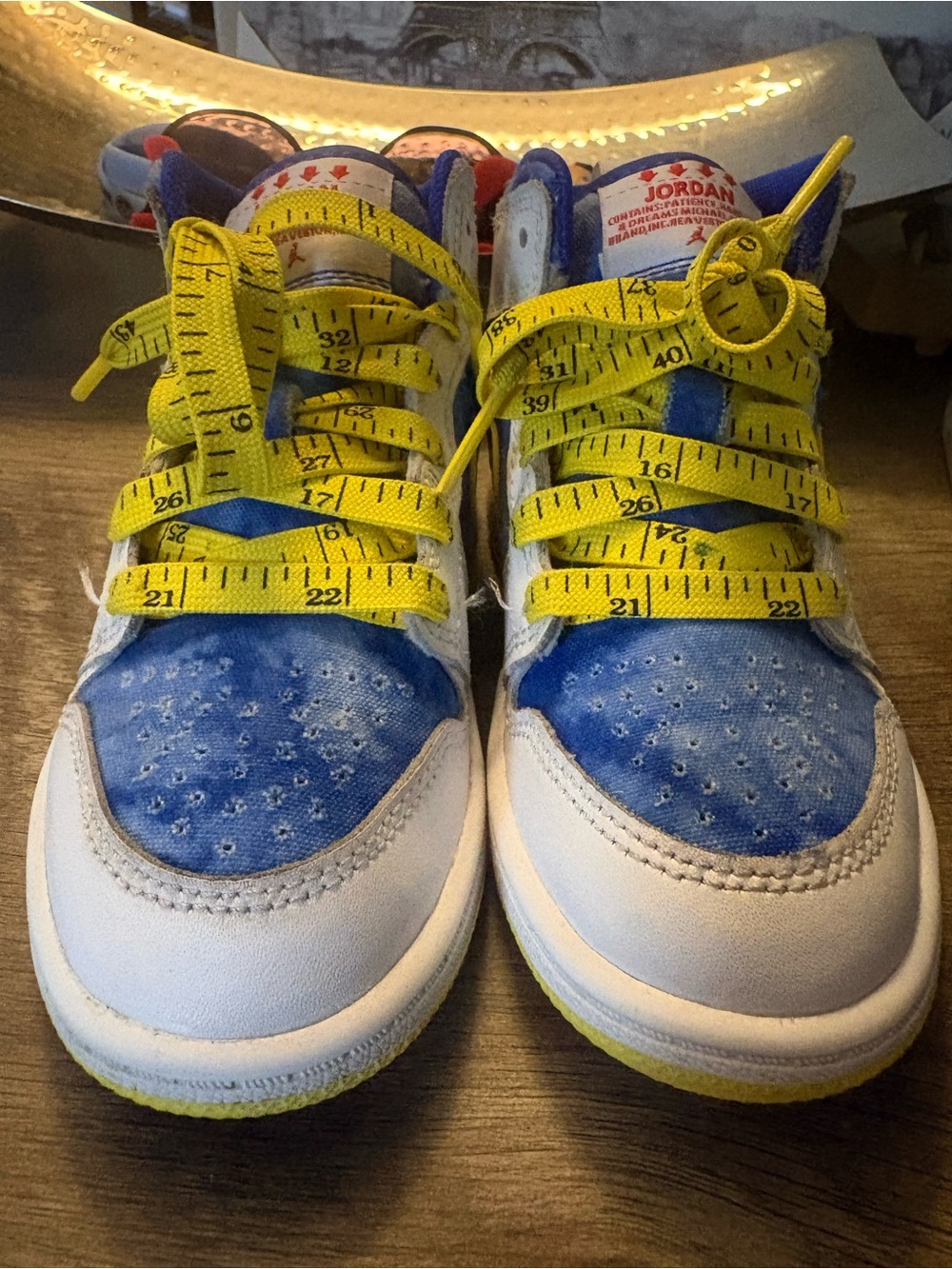 Jordan Kids Blue and White Sneakers with Yellow Tape Laces